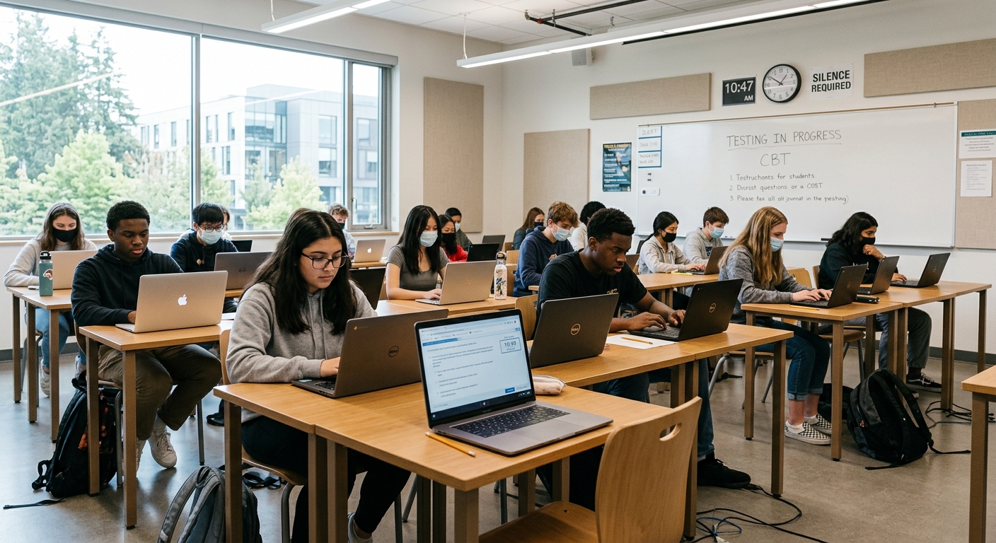 AI 생성 이미지 (models/gemini-3.1-flash-image-preview): students taking computer-based test in classroom, laptops on desks, focused expressions, modern scho...