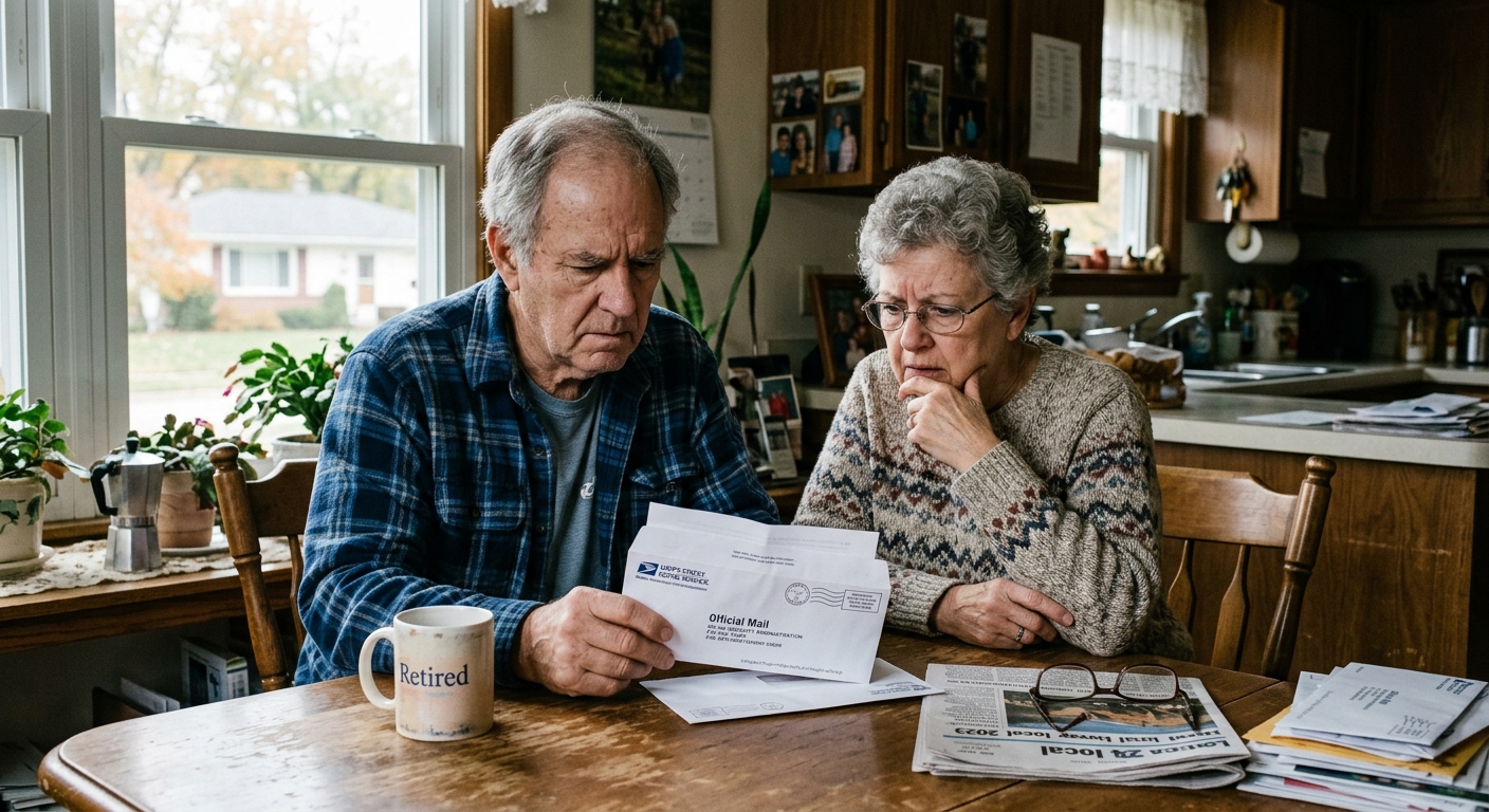 AI 생성 이미지 (models/gemini-3.1-flash-image-preview): elderly couple looking worried at mail envelope inside suburban American home, soft natural light, d...