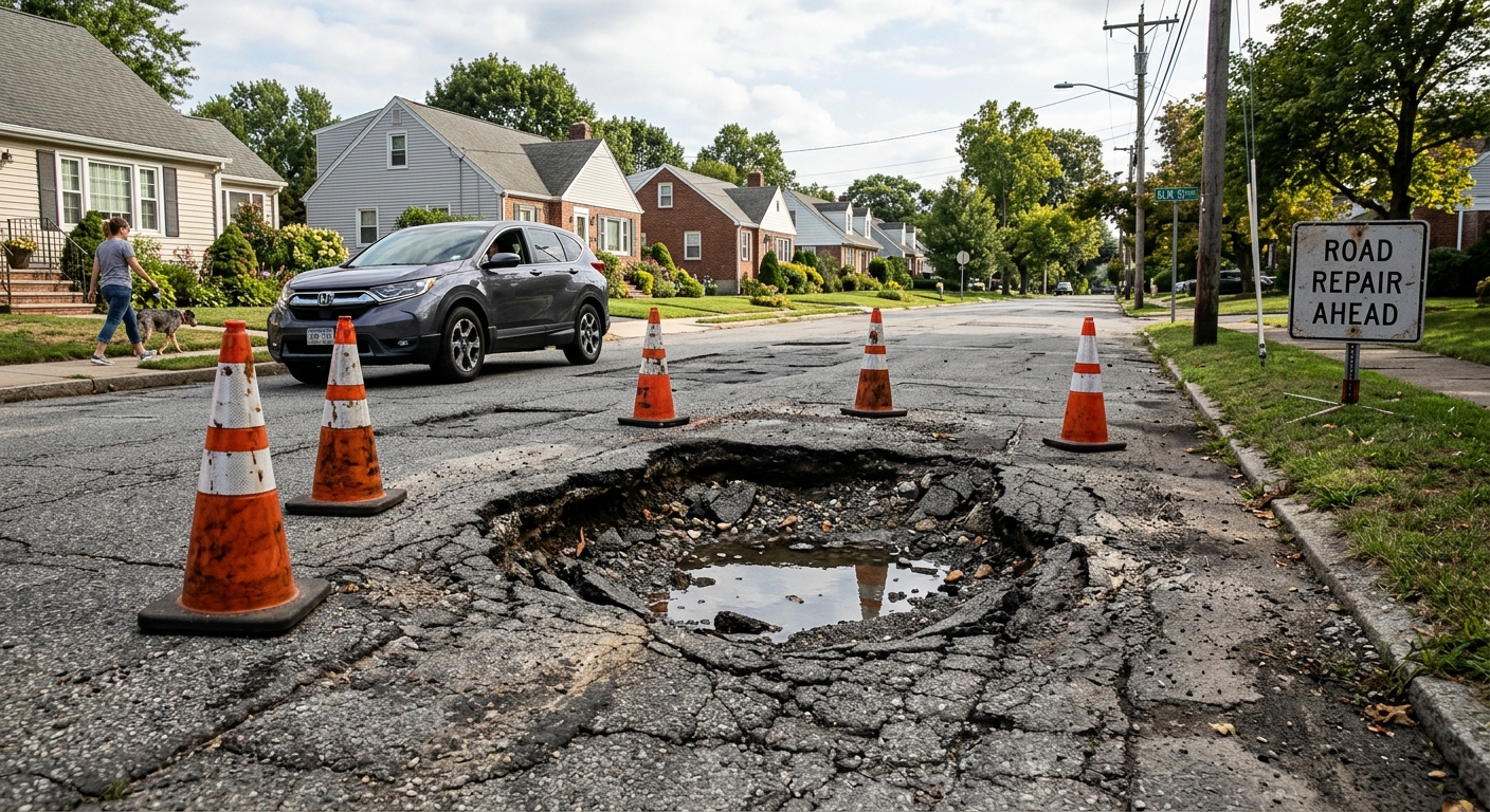 AI 생성 이미지 (models/gemini-3.1-flash-image-preview): deep pothole on cracked asphalt road, orange traffic cones, suburban American street, daytime, docum...