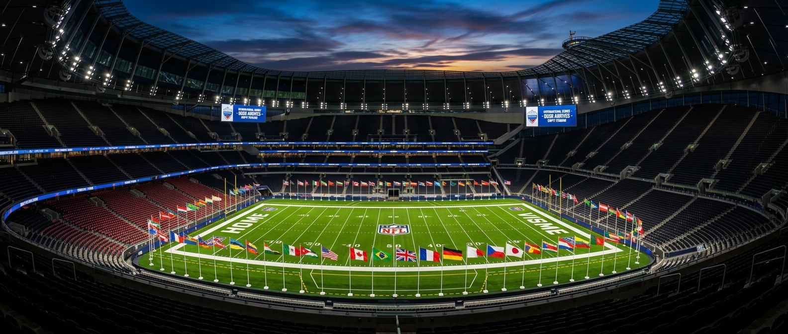 AI 생성 이미지 (models/gemini-3.1-flash-image-preview): panoramic view of large american football stadium at dusk with international flags surrounding the f...