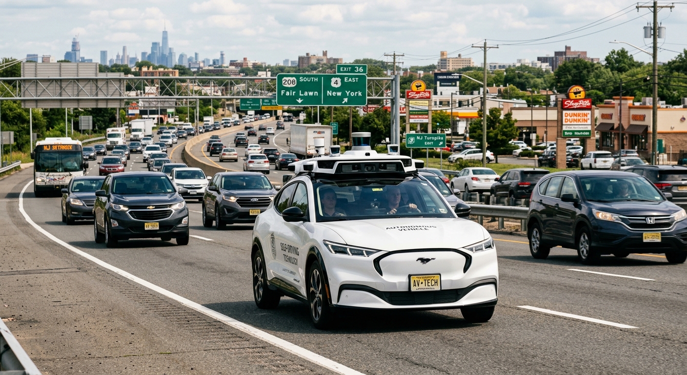 AI 생성 이미지 (models/gemini-3.1-flash-image-preview): self-driving autonomous car on suburban New Jersey highway, modern sensors on roof, daytime city tra...