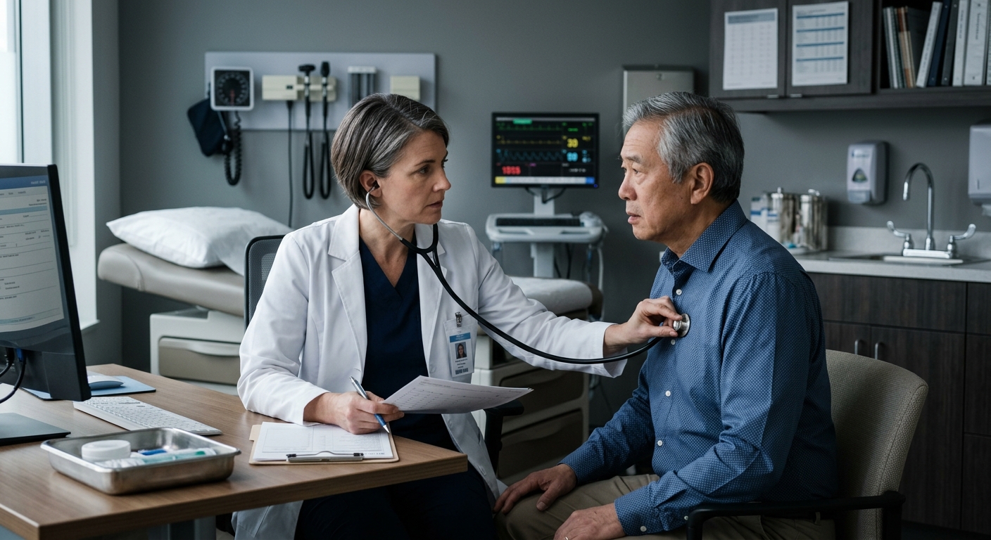 AI 생성 이미지 (models/gemini-3.1-flash-image-preview): doctor office stethoscope medical examination room serious atmosphere