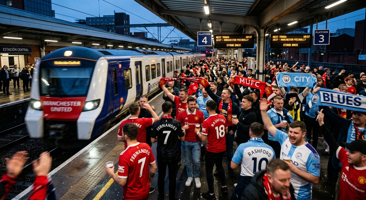 AI 생성 이미지 (models/gemini-3.1-flash-image-preview): modern commuter train arriving at busy station platform with soccer fans in colorful jerseys, evenin...