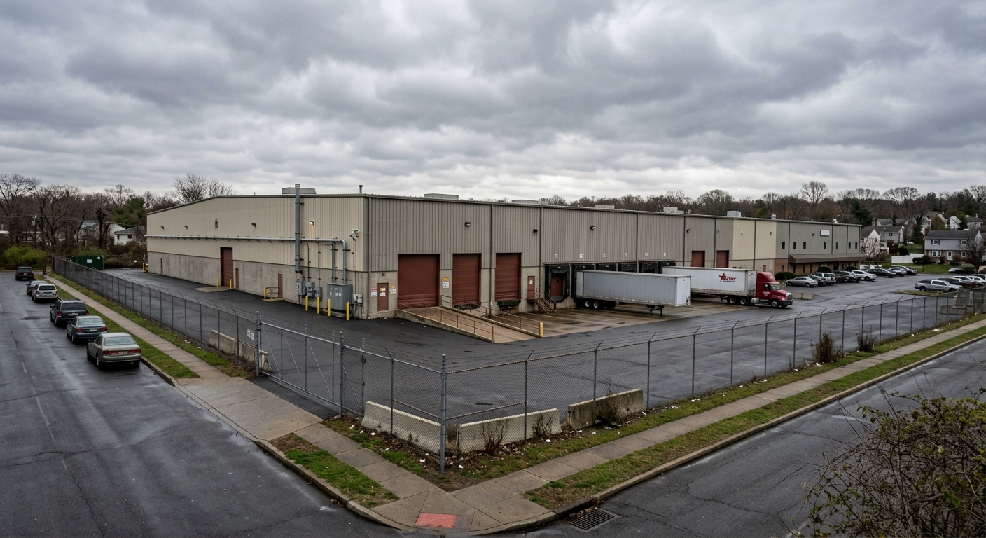 AI 생성 이미지 (models/gemini-3.1-flash-image-preview): large industrial warehouse exterior in suburban New Jersey, chain link fence, overcast sky, news pho...