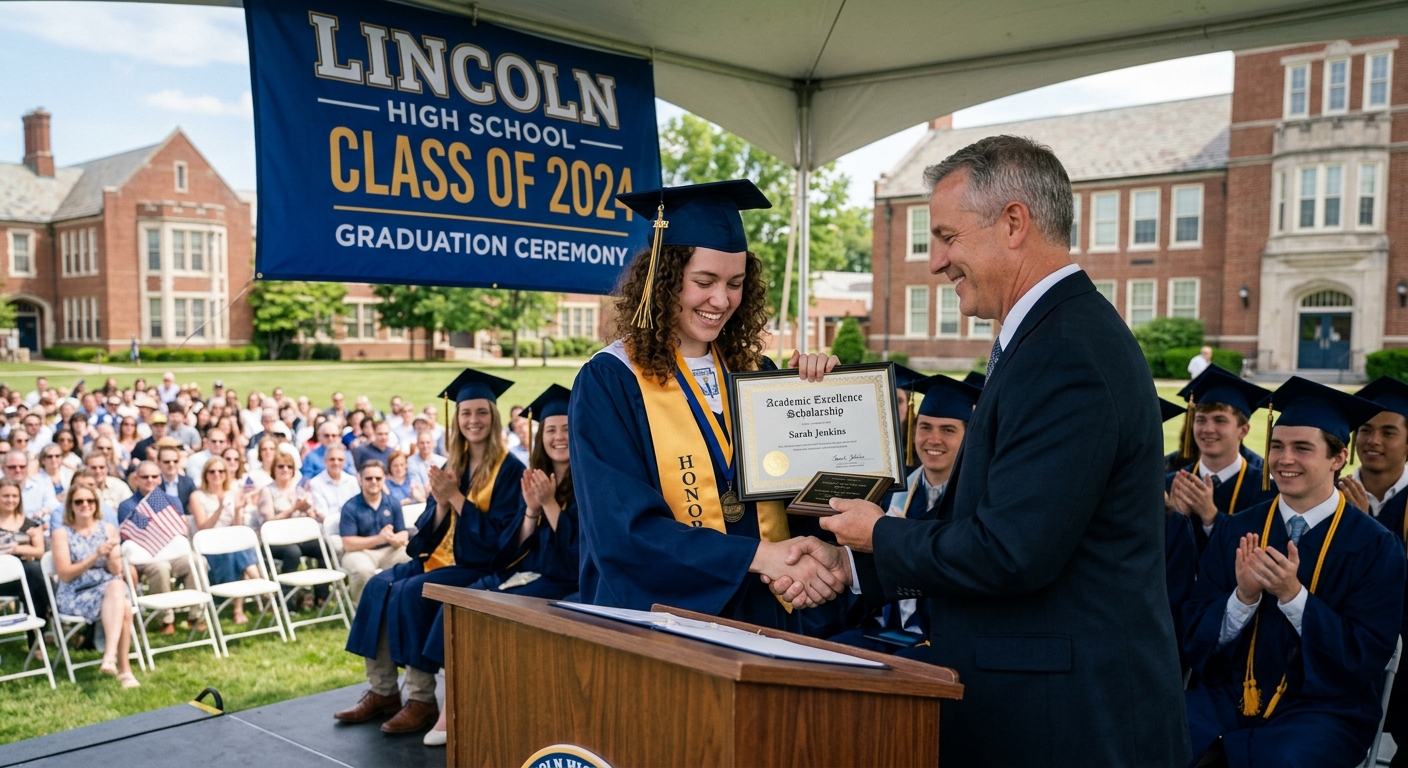 AI 생성 이미지 (models/gemini-3.1-flash-image-preview): high school graduation ceremony, academic excellence, scholarship award, students in cap and gown, c...