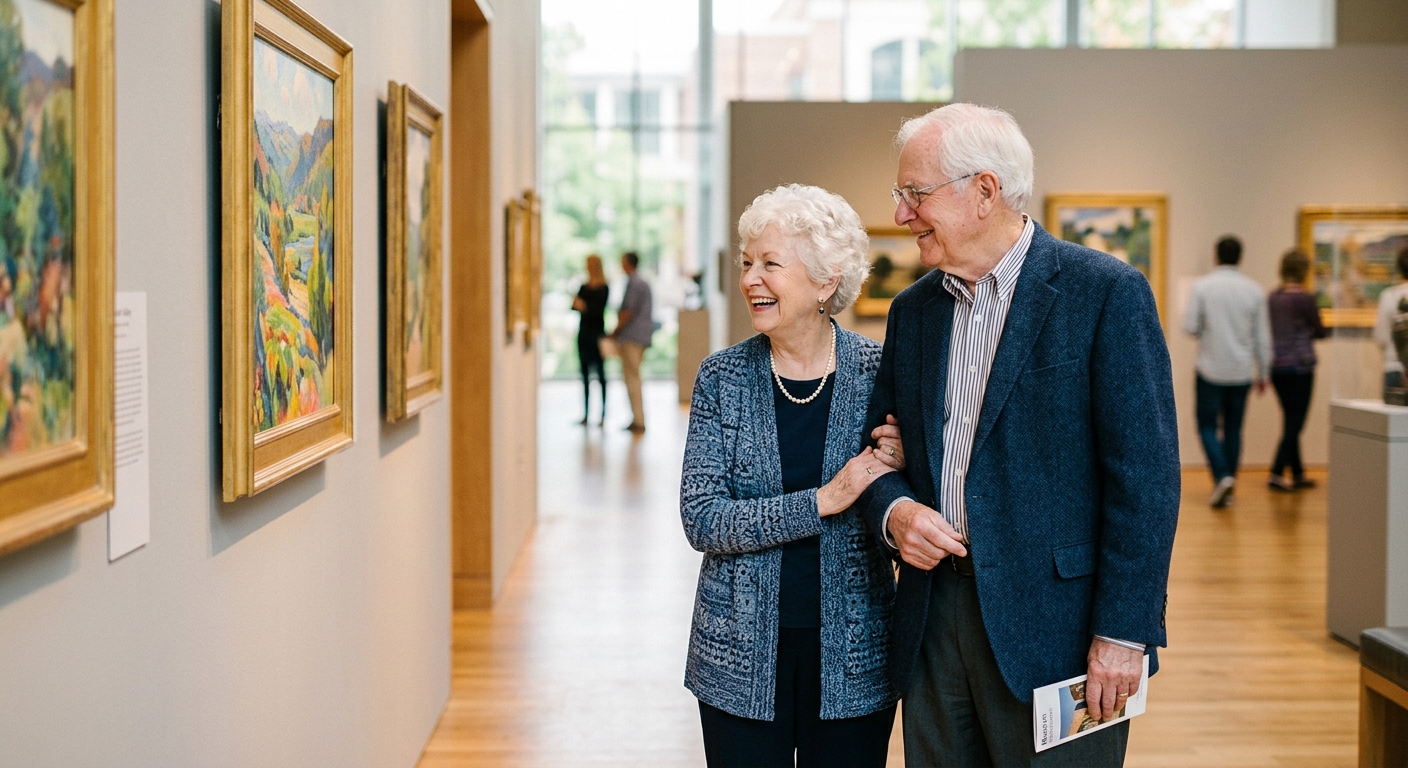 AI 생성 이미지 (models/gemini-3.1-flash-image-preview): elderly couple enjoying art exhibition in bright museum gallery, looking at paintings together, warm...