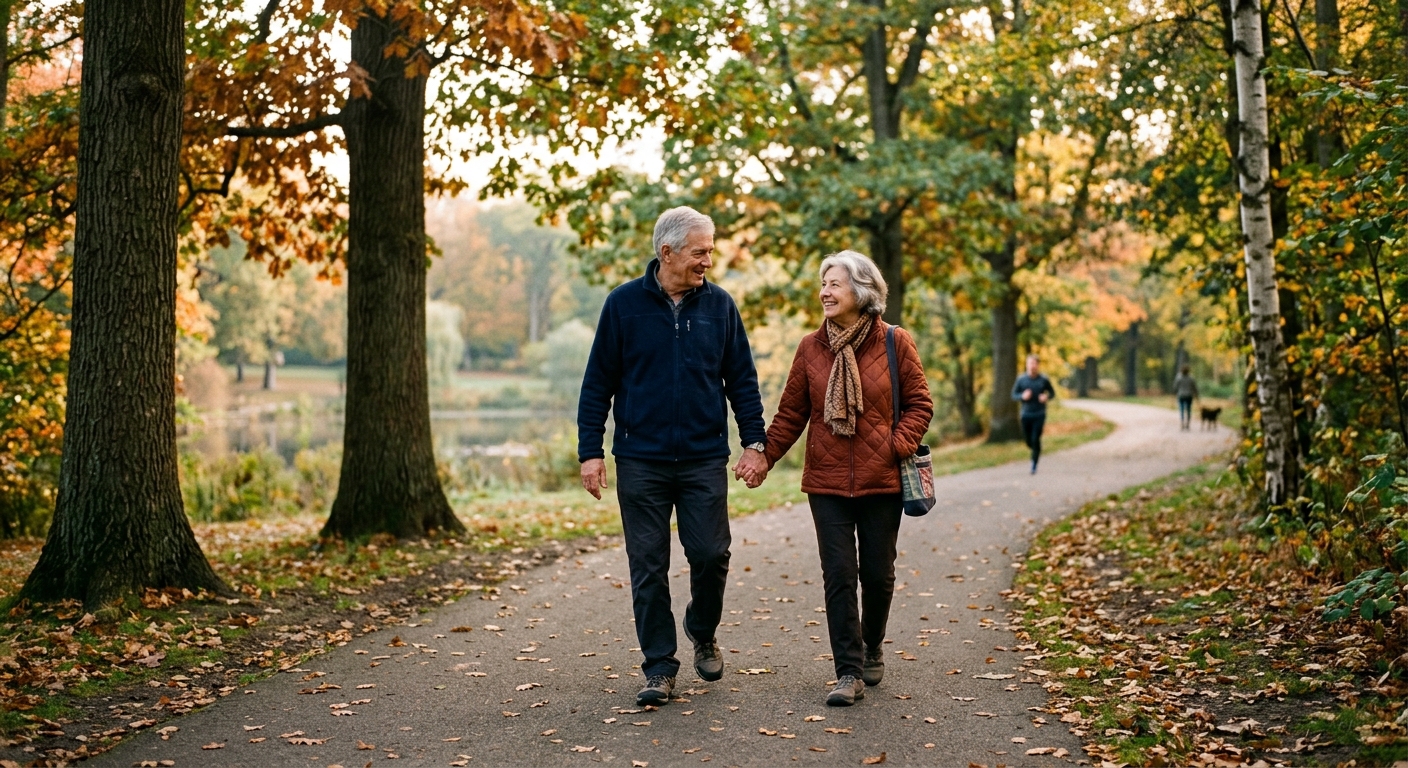 AI 생성 이미지 (models/gemini-3.1-flash-image-preview): elderly couple walking together in park, healthy senior lifestyle, gentle morning light, candid docu...