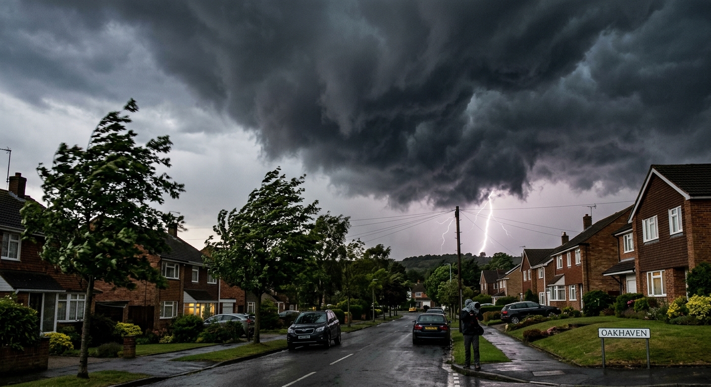 AI 생성 이미지 (models/gemini-3.1-flash-image-preview): dark storm clouds rolling over suburban neighborhood, lightning in distance, dramatic sky, trees ben...