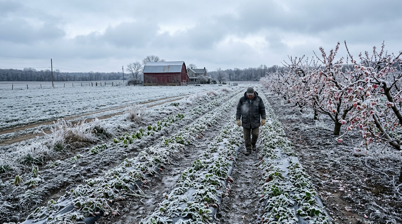 AI 생성 이미지 (models/gemini-3.1-flash-image-preview): A wide shot of a frozen farm field in New Jersey during spring, with frost covering young crops and ...