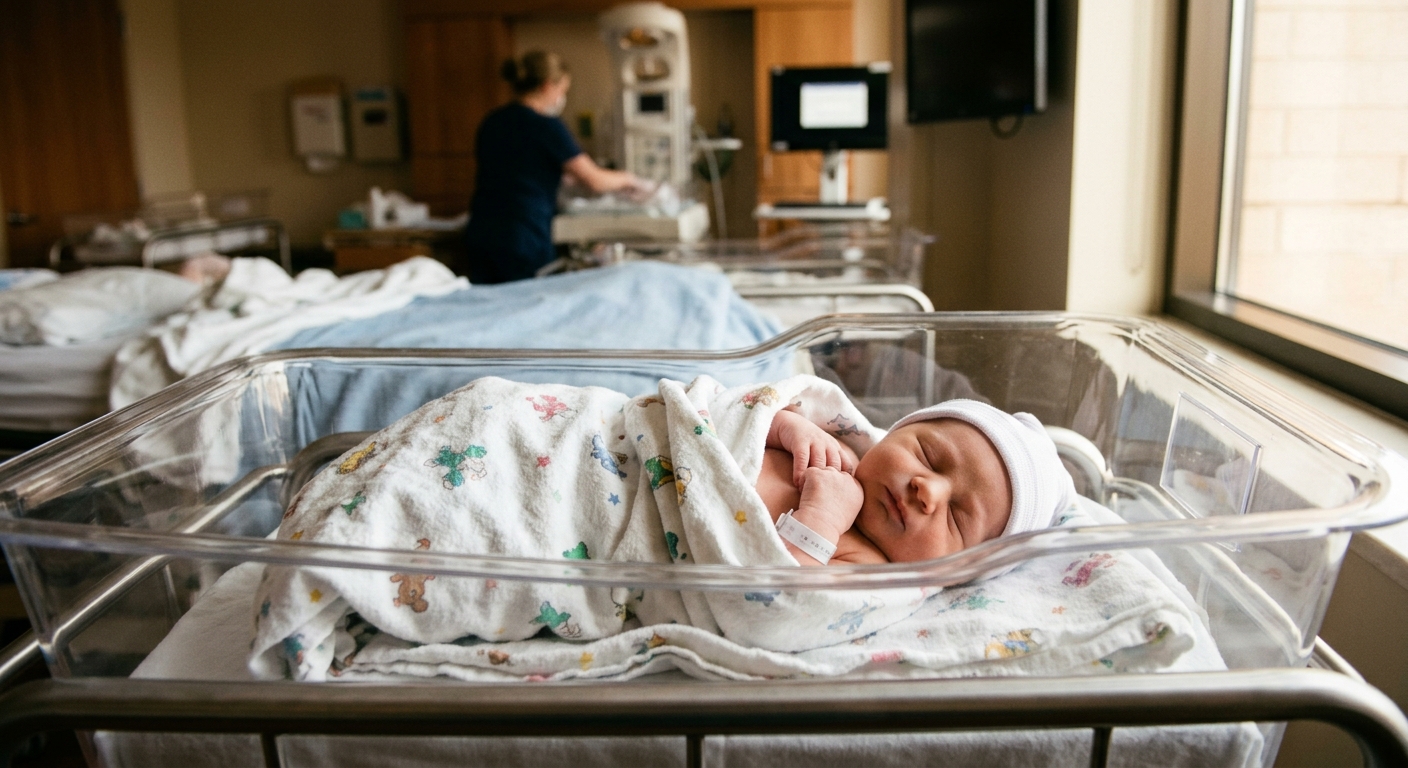 AI 생성 이미지 (models/gemini-3.1-flash-image-preview): newborn baby sleeping peacefully in soft blanket, hospital nursery, warm natural light, documentary ...