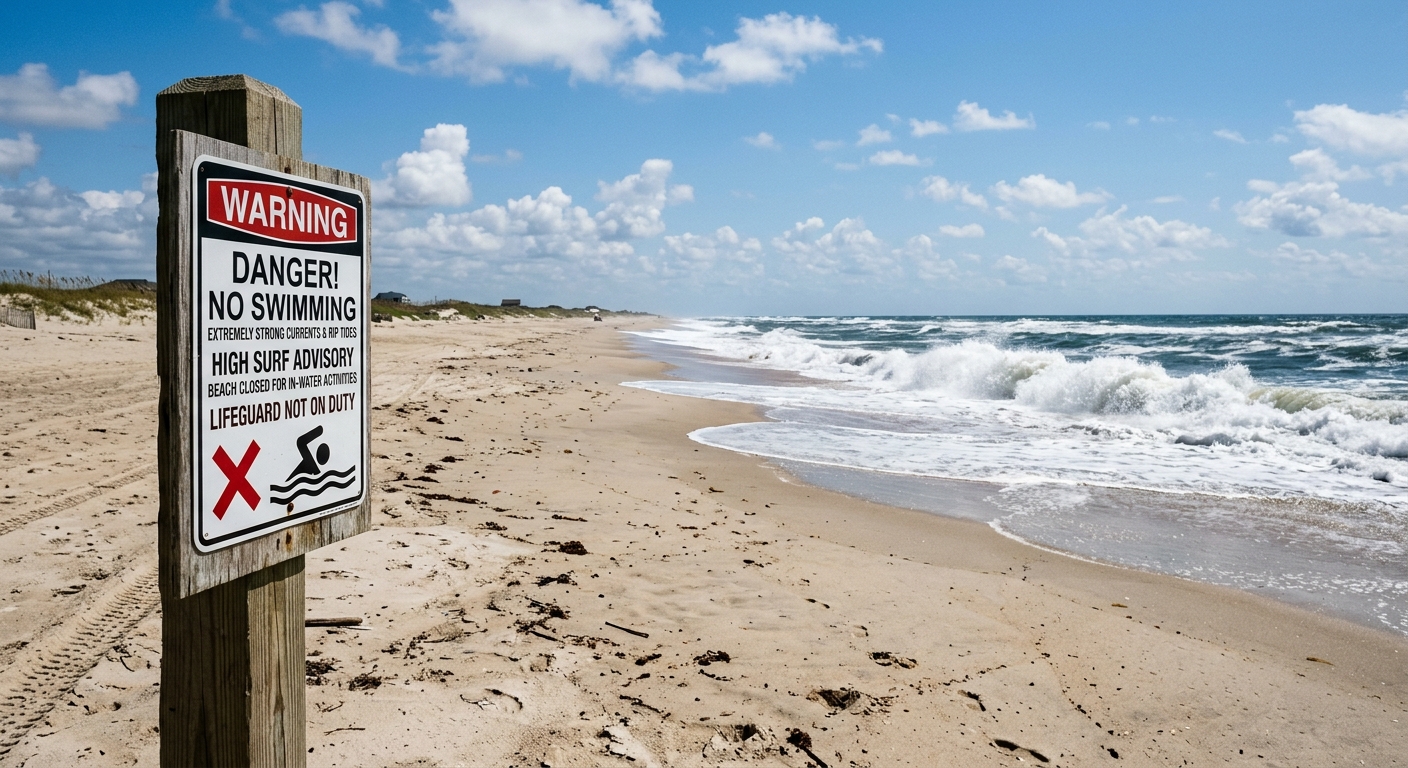 AI 생성 이미지 (models/gemini-3.1-flash-image-preview): A wide shot of a sunny but empty beach with a warning sign in the foreground, ocean waves crashing, ...