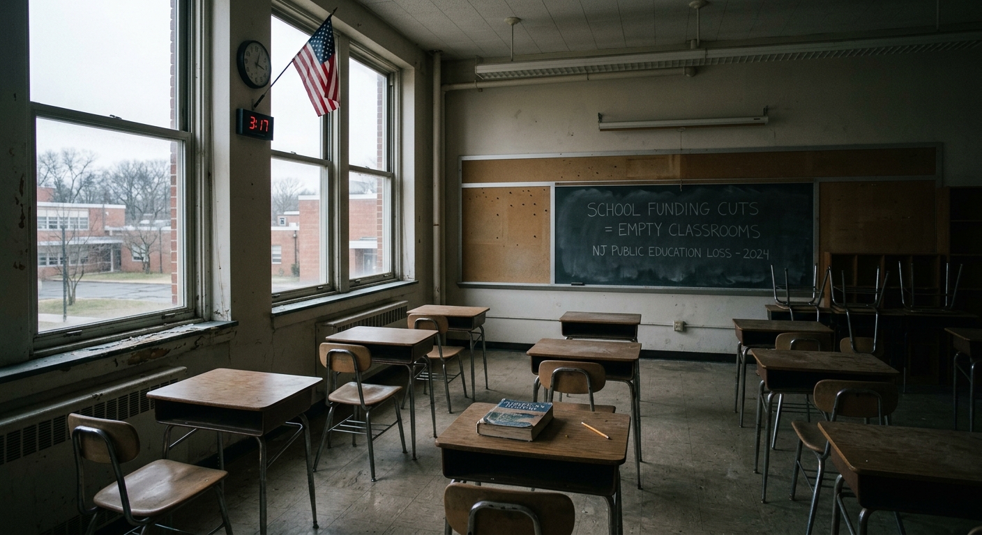 AI 생성 이미지 (models/gemini-3.1-flash-image-preview): A somber scene of an empty public school classroom in New Jersey, with a few desks and chairs, soft ...