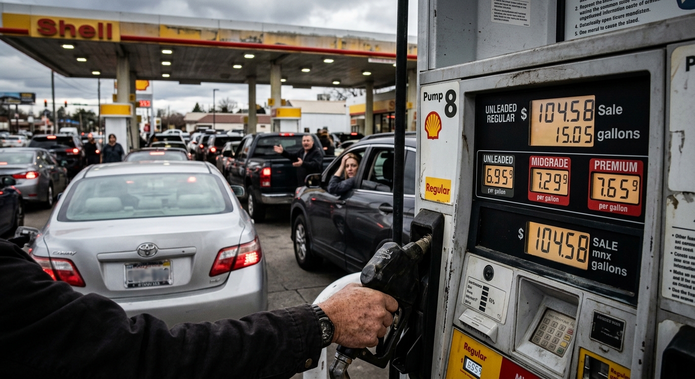 AI 생성 이미지 (models/gemini-3.1-flash-image-preview): A close-up shot of a gas station pump displaying high prices in US dollars, with a blurred backgroun...