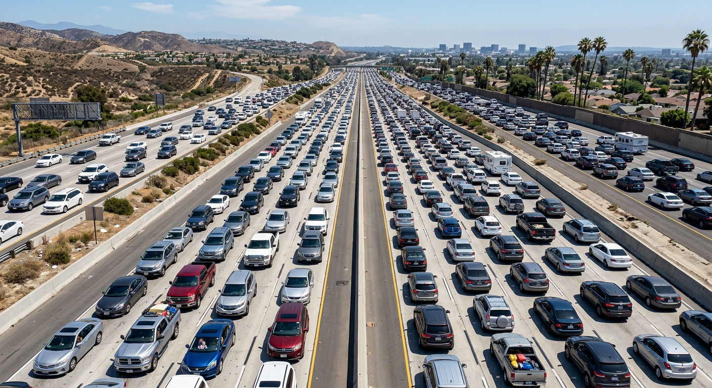AI 생성 이미지 (models/gemini-3.1-flash-image-preview): A massive traffic jam on a multi-lane highway during a sunny holiday weekend, with cars packed tight...