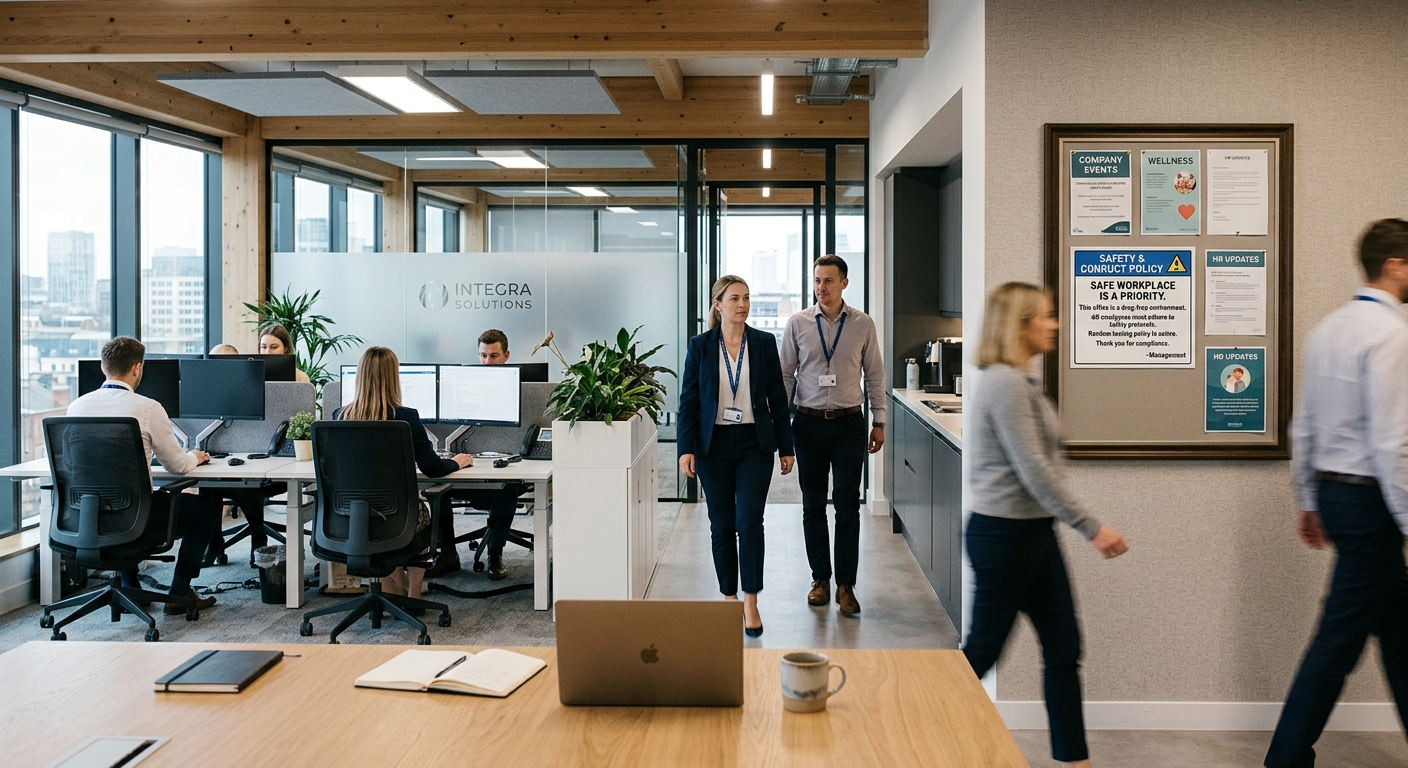 AI 생성 이미지 (models/gemini-3.1-flash-image-preview): A conceptual image showing a modern workplace setting with a subtle warning sign about safety and dr...
