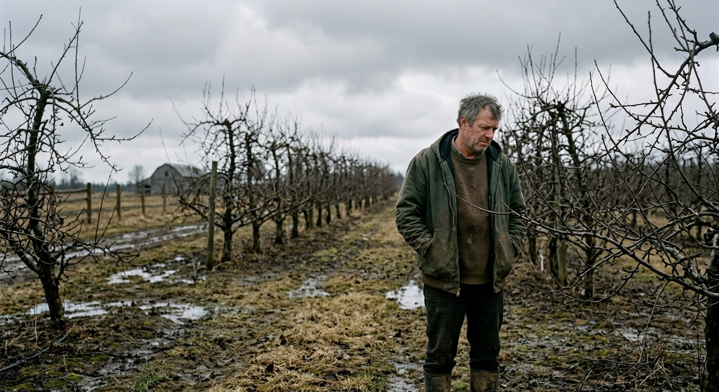 AI 생성 이미지 (models/gemini-3.1-flash-image-preview): A desolate apple orchard in spring after a sudden freeze, barren branches with no fruit, a frustrate...