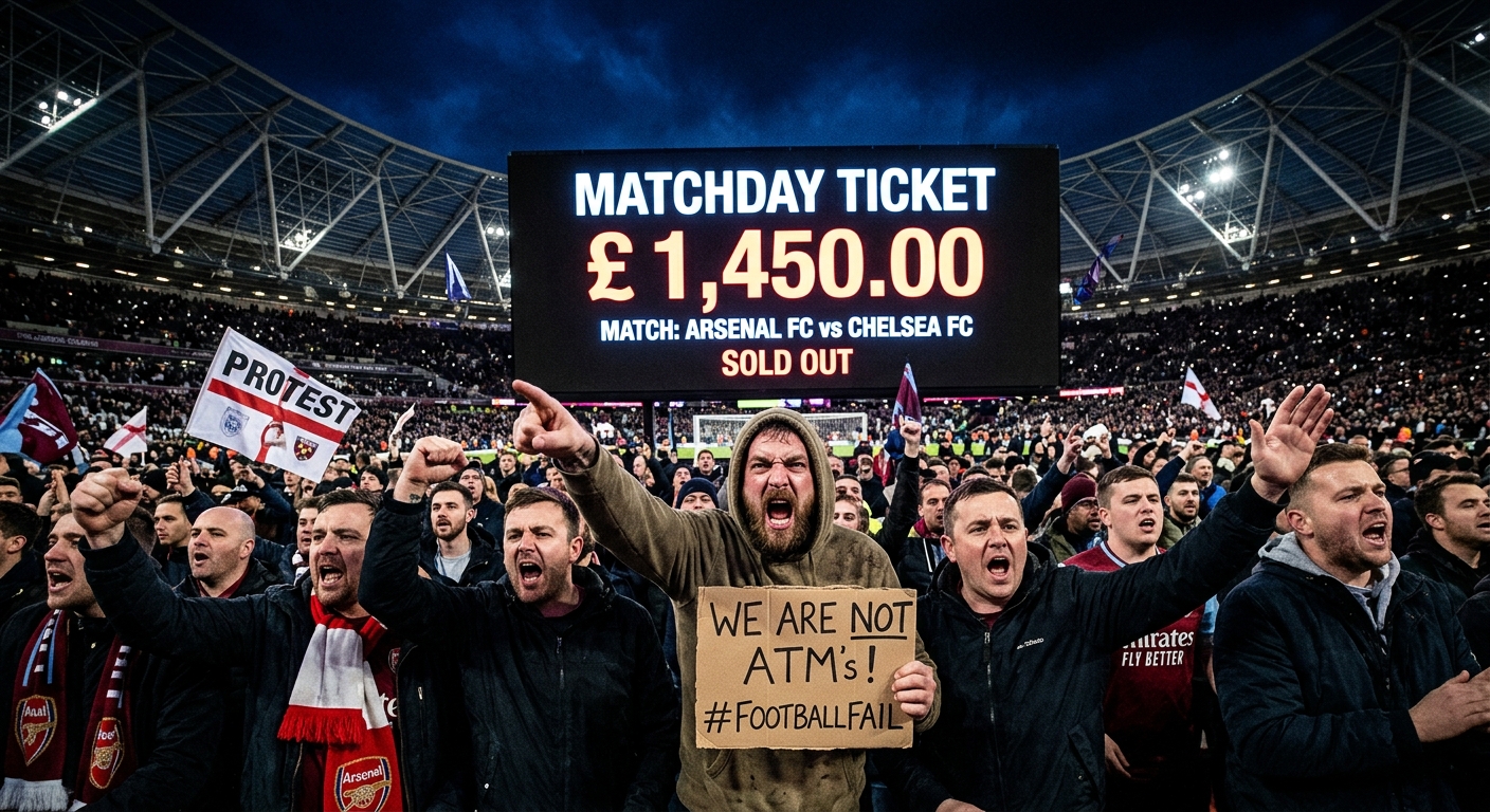 AI 생성 이미지 (models/gemini-3.1-flash-image-preview): A crowded soccer stadium with a giant glowing ticket showing an astronomically high price tag, angry...