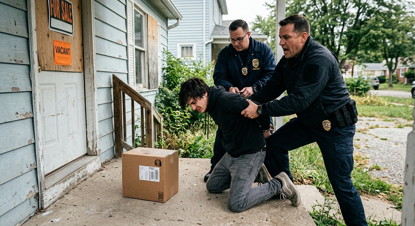 AI 생성 이미지 (models/gemini-3.1-flash-image-preview): A dramatic scene of police detectives arresting a young man near a UPS package on the porch of a vac...