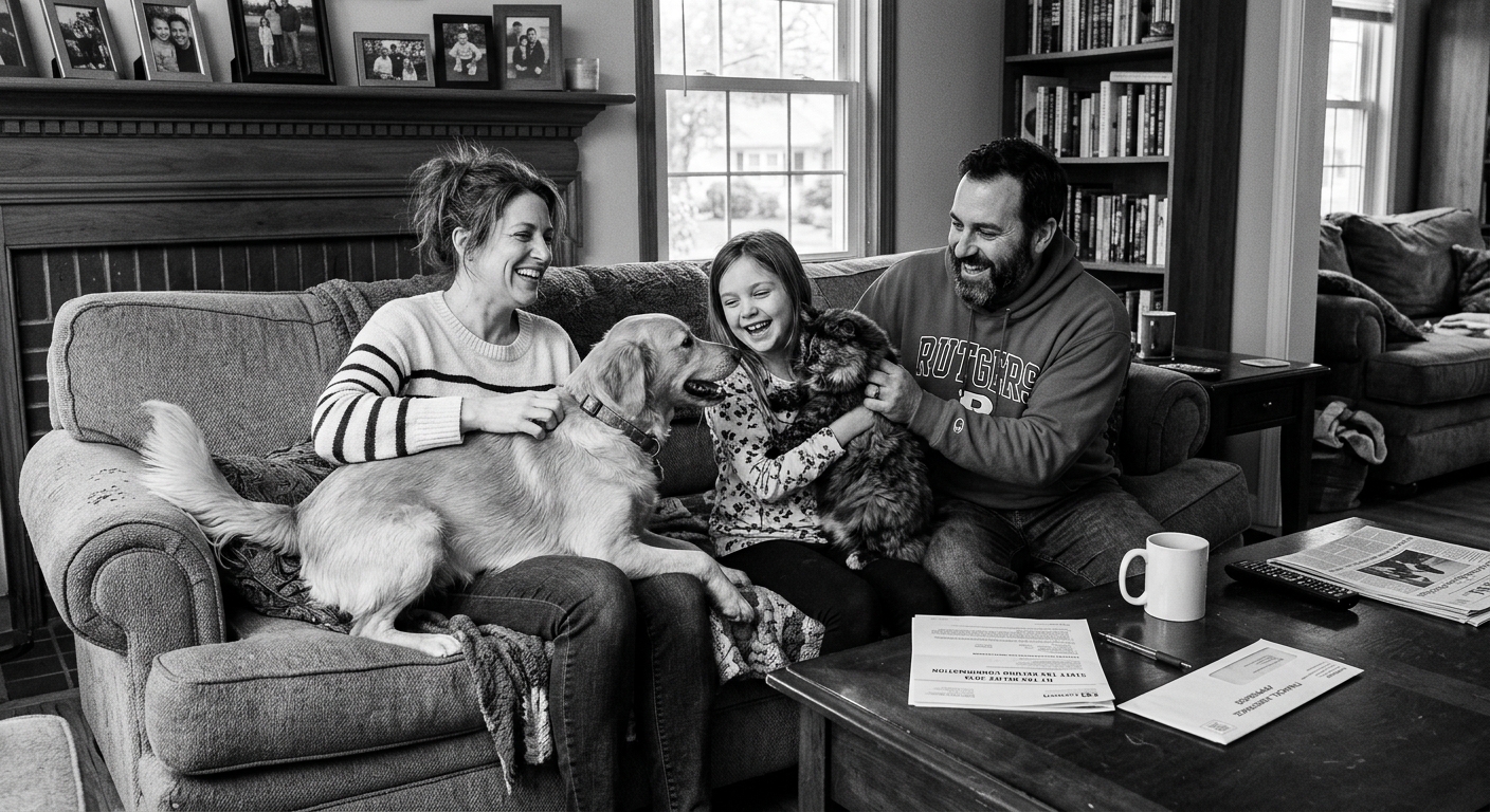 AI 생성 이미지 (models/gemini-3.1-flash-image-preview): A heartwarming scene of a family in New Jersey happily interacting with their pet dog and cat in a c...
