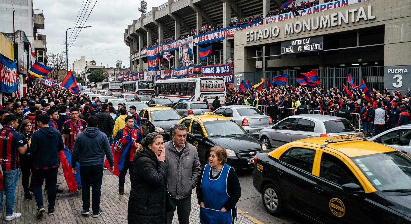 AI 생성 이미지 (models/gemini-3.1-flash-image-preview): A crowded soccer stadium exterior with heavy traffic and local residents looking concerned, realisti...