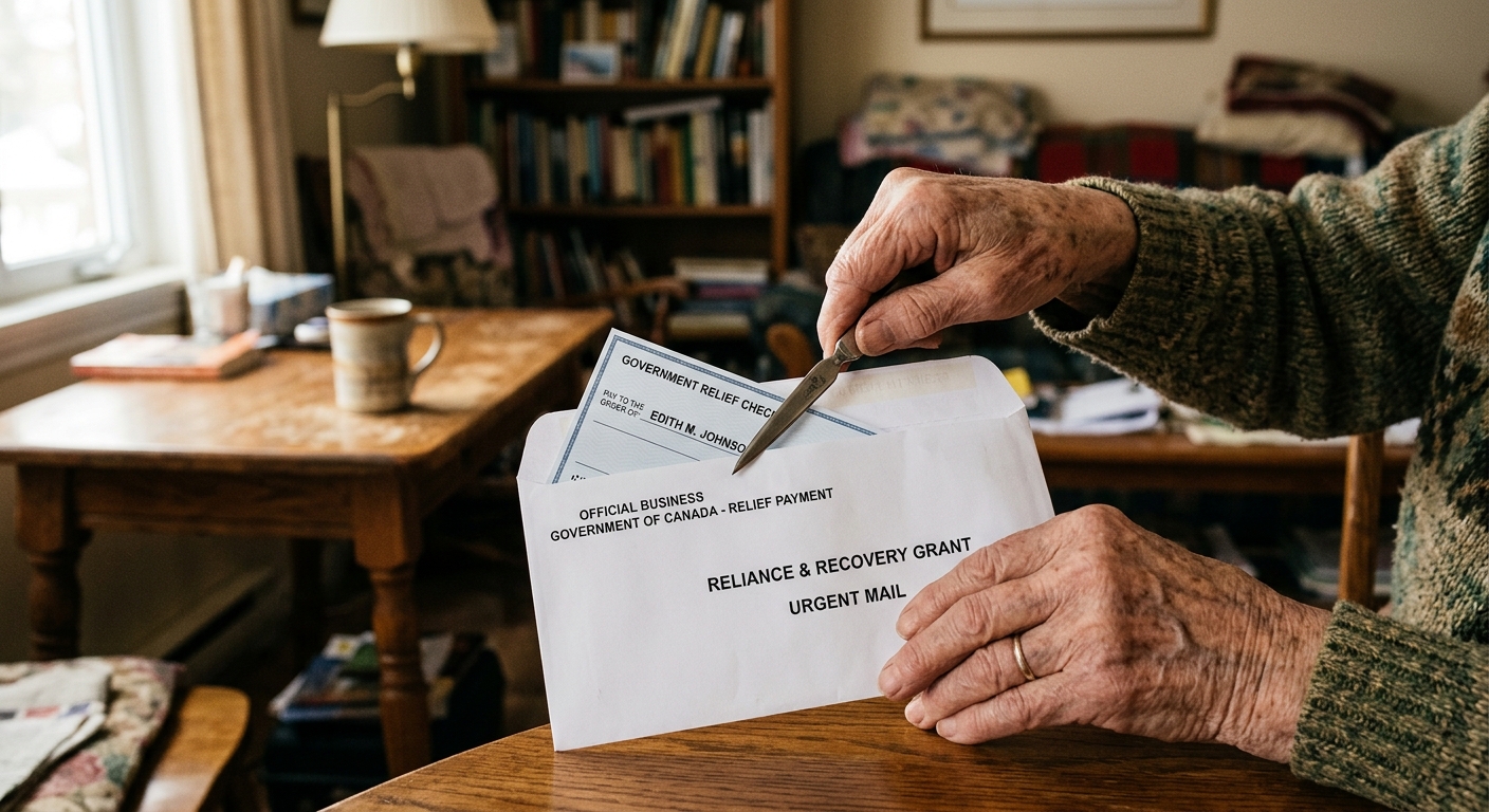 AI 생성 이미지 (models/gemini-3.1-flash-image-preview): A close-up of a senior person's hands opening an envelope containing a government relief check, with...