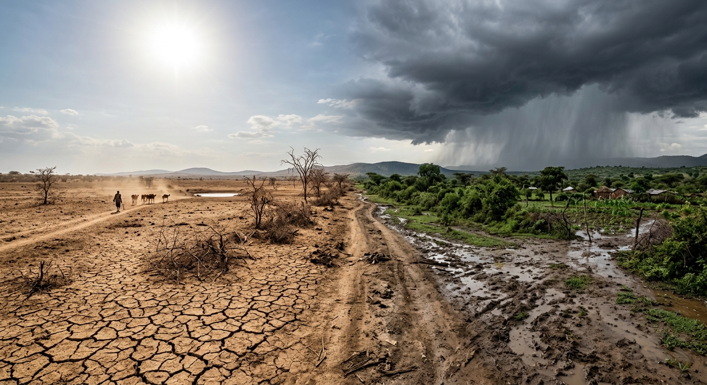 AI 생성 이미지 (models/gemini-3.1-flash-image-preview): A dramatic weather scene showing a split landscape: one side parched and cracked earth under a blazi...