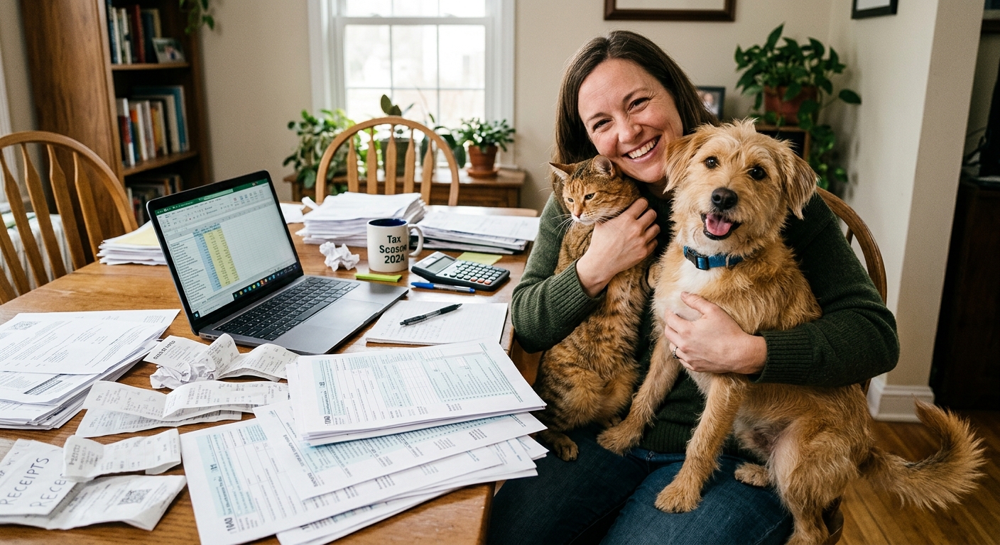 AI 생성 이미지 (models/gemini-3.1-flash-image-preview): A person looking happy while holding a dog and a cat, with tax forms and receipts on a table, realis...