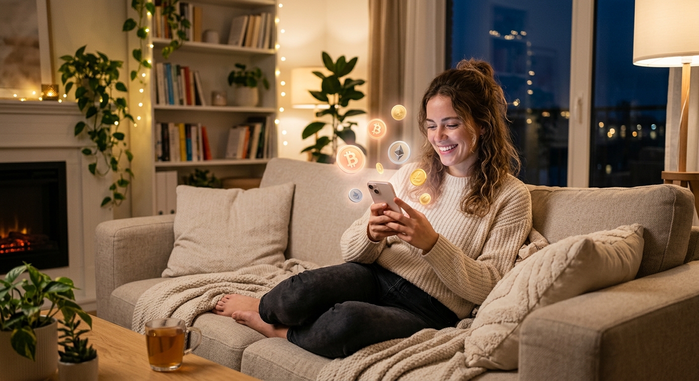 AI 생성 이미지 (models/gemini-3.1-flash-image-preview): A person relaxing on a comfortable sofa, smiling while looking at a smartphone screen, with subtle g...