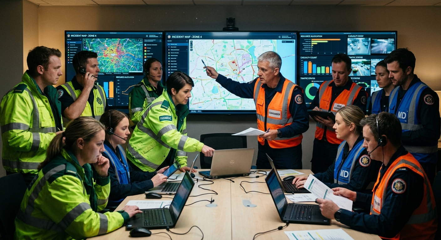 AI 생성 이미지 (models/gemini-3.1-flash-image-preview): Medical professionals and emergency responders in high-visibility gear coordinating in a modern comm...