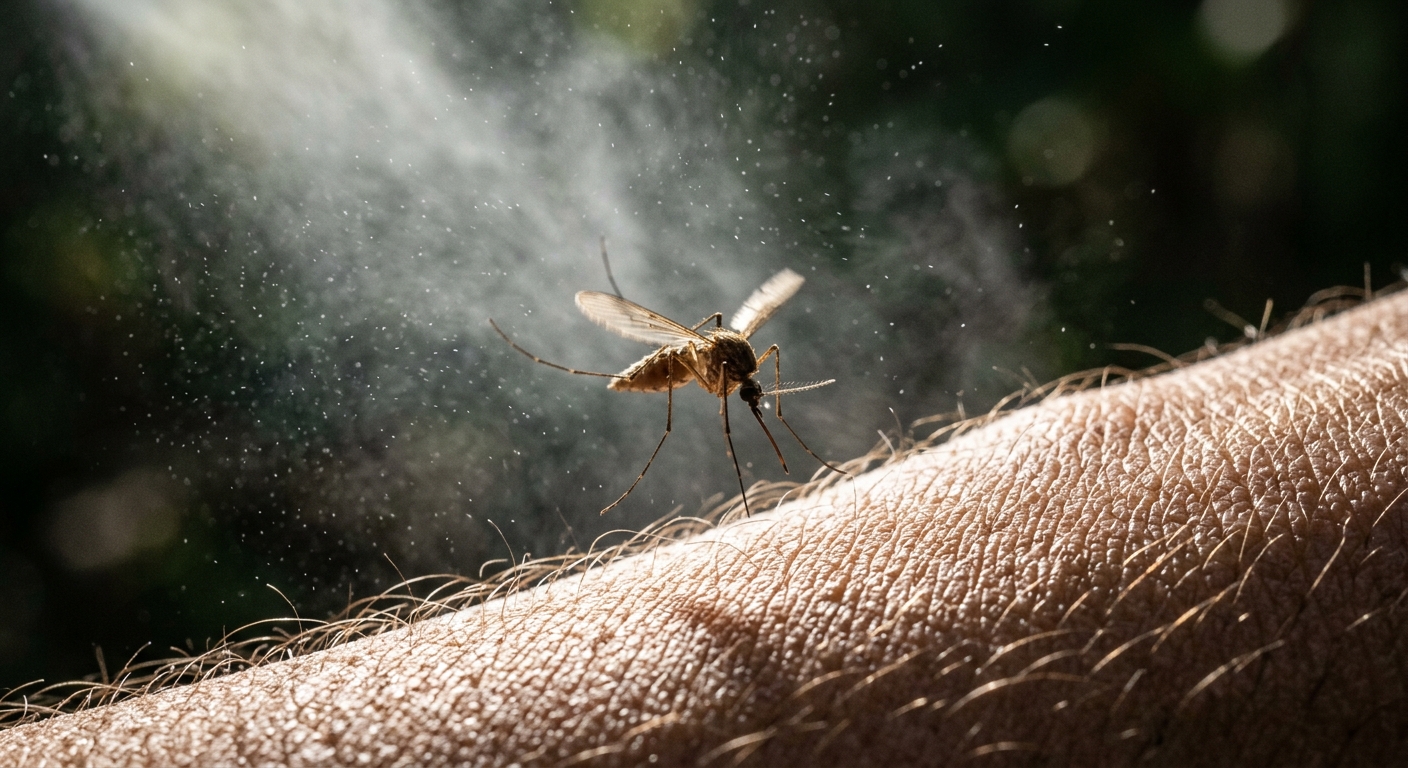 AI 생성 이미지 (models/gemini-3.1-flash-image-preview): A macro shot of a mosquito hovering near human skin, with a faint mist of insect repellent in the ai...