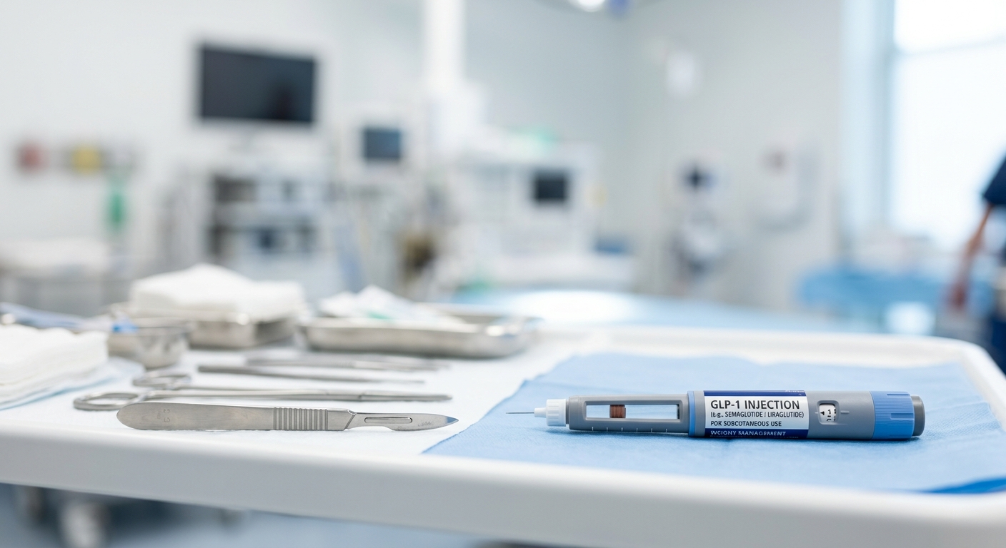AI 생성 이미지 (models/gemini-3.1-flash-image-preview): A conceptual medical image showing a modern weight-loss injection pen next to a blurred surgical sca...