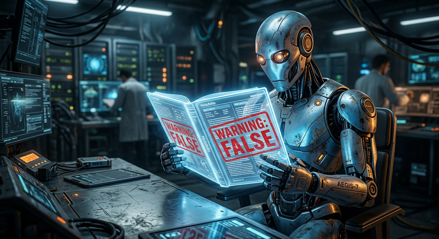AI 생성 이미지 (models/gemini-3.1-flash-image-preview): A futuristic robot reading a glowing digital book with a large red 'WARNING: FALSE' stamp on the pag...