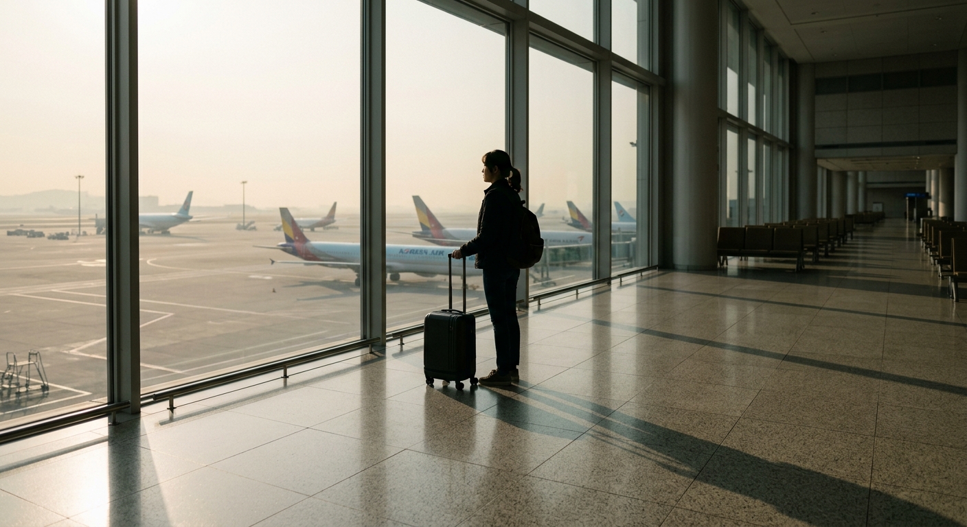 AI 생성 이미지 (models/gemini-3.1-flash-image-preview): 보도 사진, 공항 터미널 대형 창가에 캐리어를 든 채 서 있는 한 사람의 모습, 부드럽고 옅은 아침 햇살을 배경으로 실루엣이 역광으로 비춰짐, 텅 빈 넓은 출국장, 바닥에 길게 드...