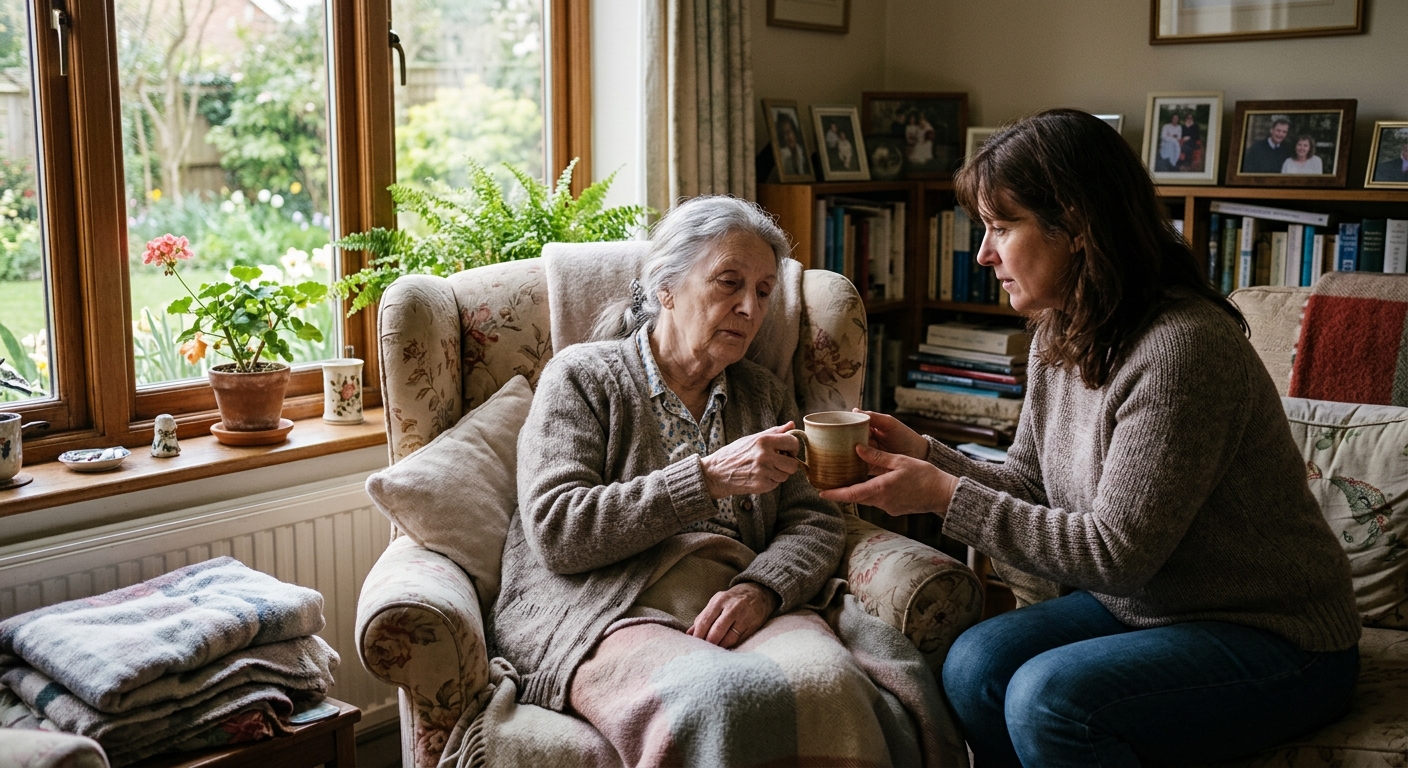 AI 생성 이미지 (models/gemini-3.1-flash-image-preview): An elderly person sitting in a comfortable living room, looking slightly unwell while a caring young...