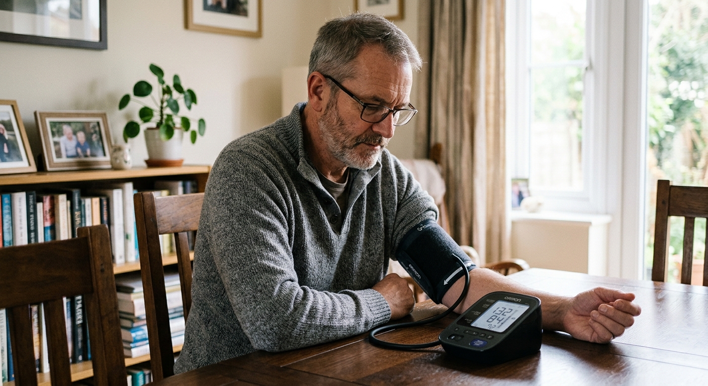 AI 생성 이미지 (models/gemini-3.1-flash-image-preview): A middle-aged man checking his blood pressure at home with a digital monitor, looking focused, soft ...