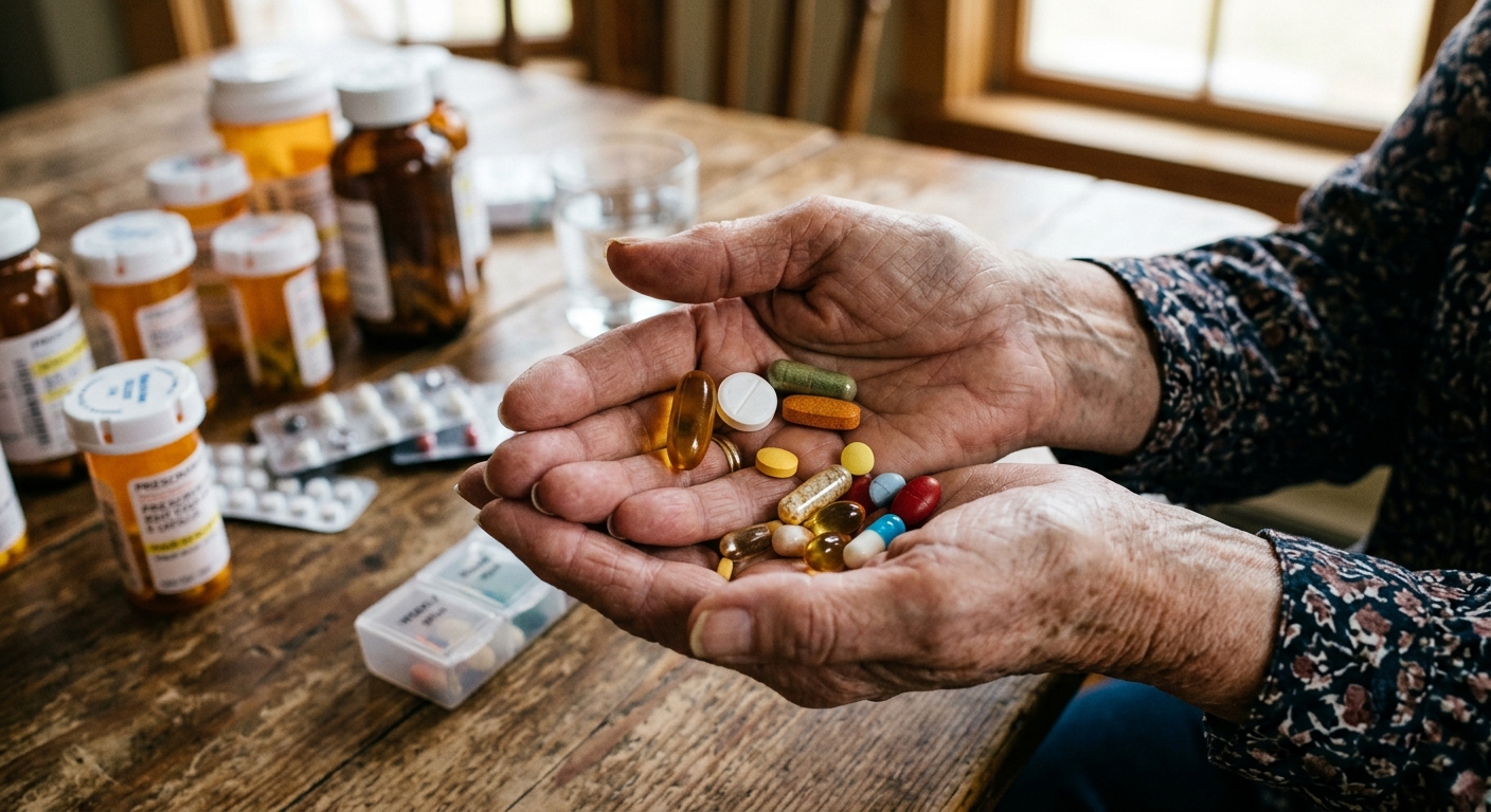 AI 생성 이미지 (models/gemini-3.1-flash-image-preview): A close-up shot of an older adult's hands holding multiple different dietary supplement pills and ca...