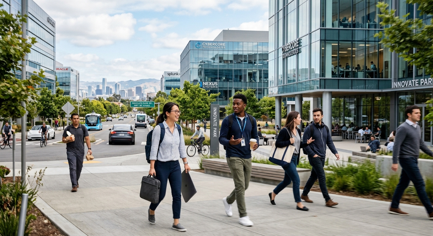 AI 생성 이미지 (models/gemini-3.1-flash-image-preview): Modern office buildings and tech workers in a suburban area, representing a growing tech hub outside...