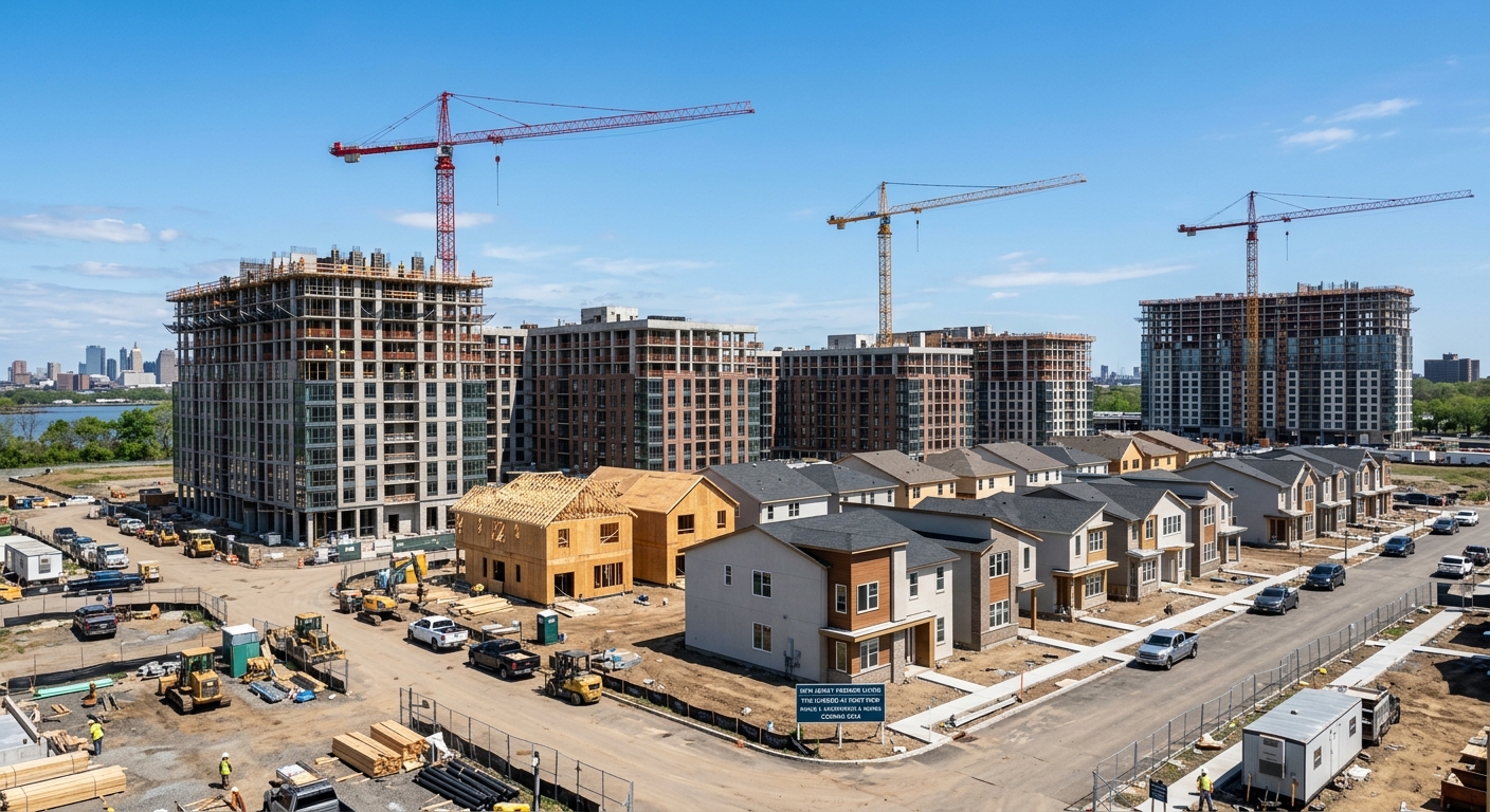 AI 생성 이미지 (models/gemini-3.1-flash-image-preview): A modern new residential construction site in New Jersey, showing a mix of high-rise apartments and ...