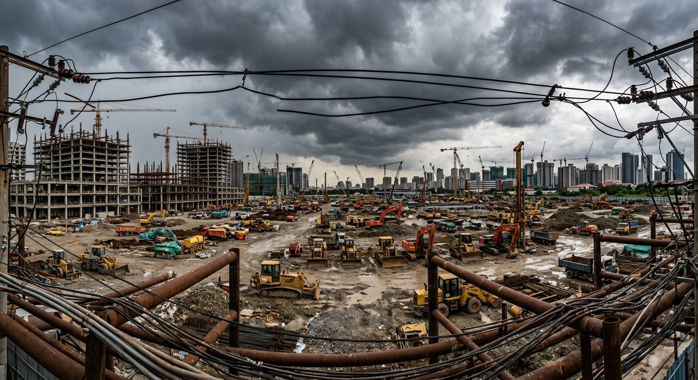 AI 생성 이미지 (models/gemini-3.1-flash-image-preview): A wide shot of a massive construction site stalled with heavy machinery, dramatic cloudy sky, rusty ...