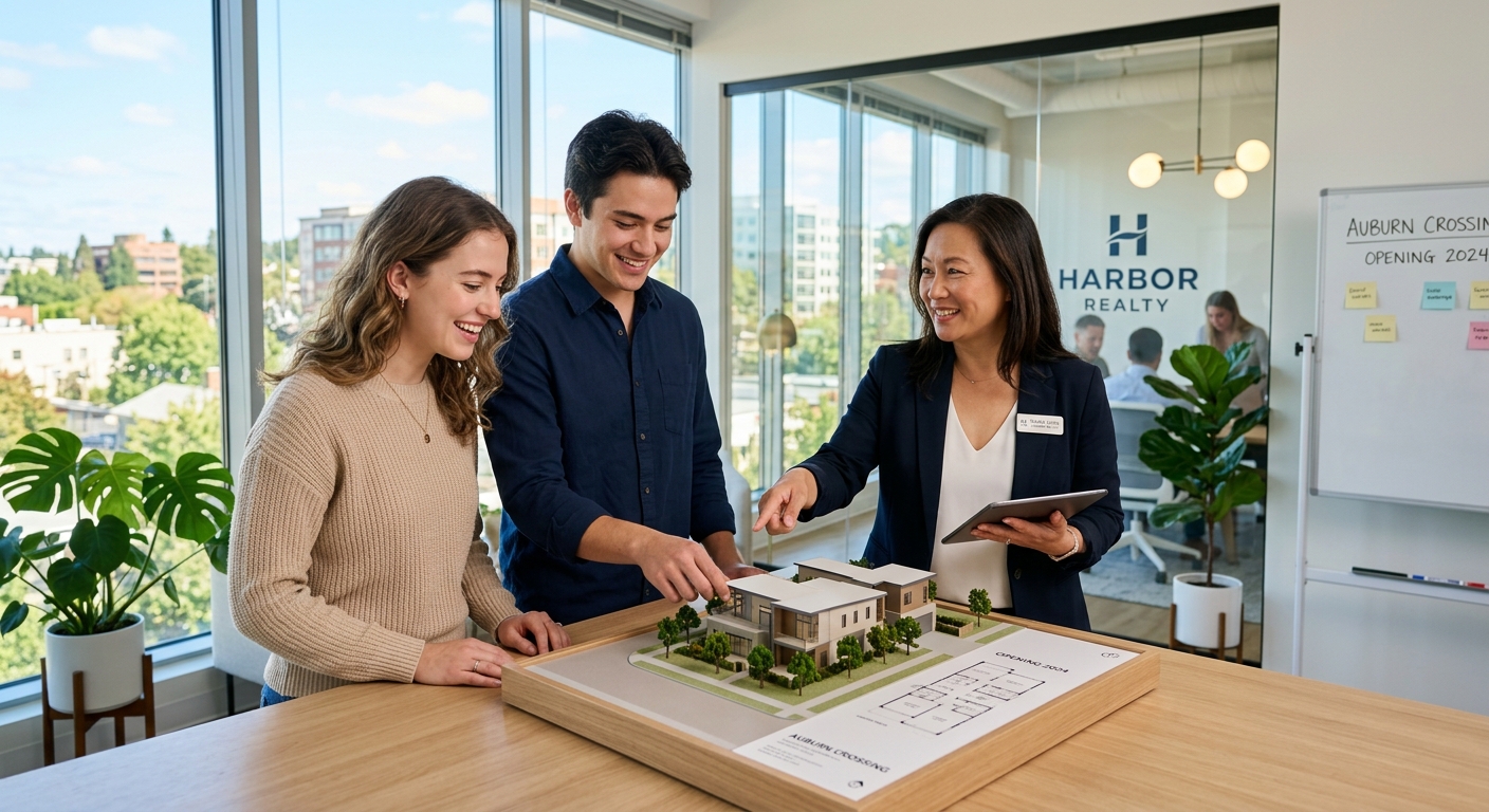 AI 생성 이미지 (models/gemini-3.1-flash-image-preview): A young couple looking at a blueprint or a model house with a real estate agent in a modern office, ...