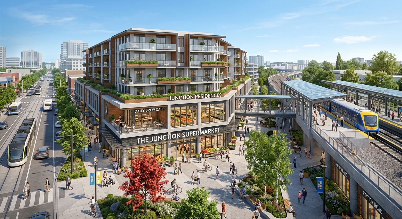 AI 생성 이미지 (models/gemini-3.1-flash-image-preview): A modern mixed-use development featuring a large supermarket and residential apartments located near...