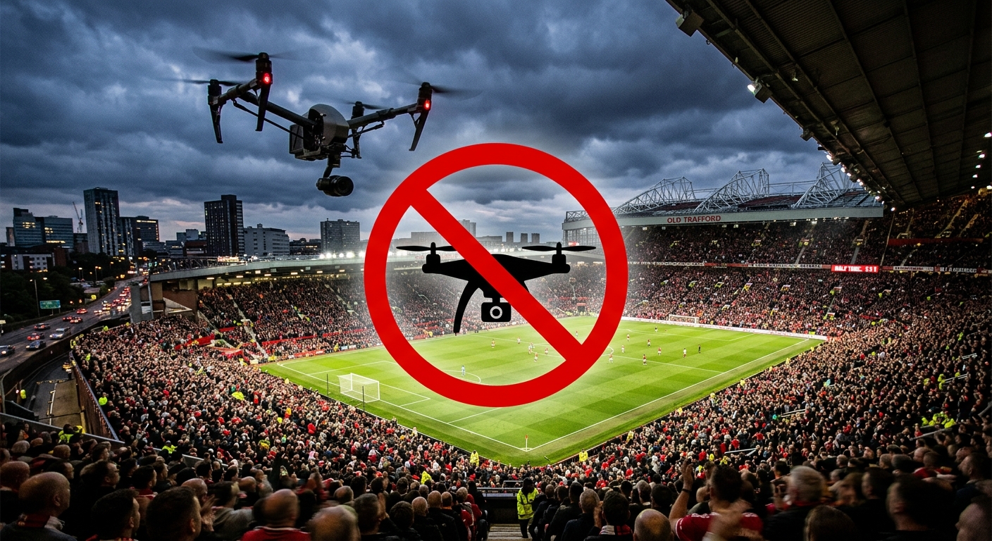 AI 생성 이미지 (models/gemini-3.1-flash-image-preview): A drone flying near a massive crowded soccer stadium with a red prohibition sign overlaid, dramatic ...