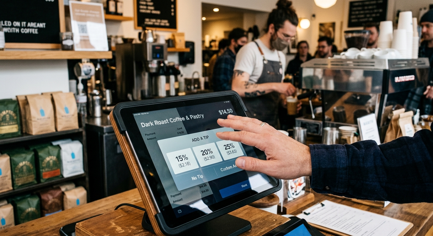 AI 생성 이미지 (models/gemini-3.1-flash-image-preview): A close-up shot of a digital point-of-sale tablet screen at a coffee shop counter showing tip option...