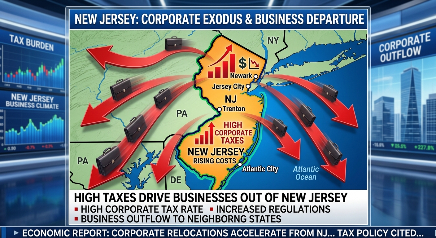AI 생성 이미지 (models/gemini-3.1-flash-image-preview): A conceptual image showing a map of New Jersey with red downward arrows and business briefcases movi...