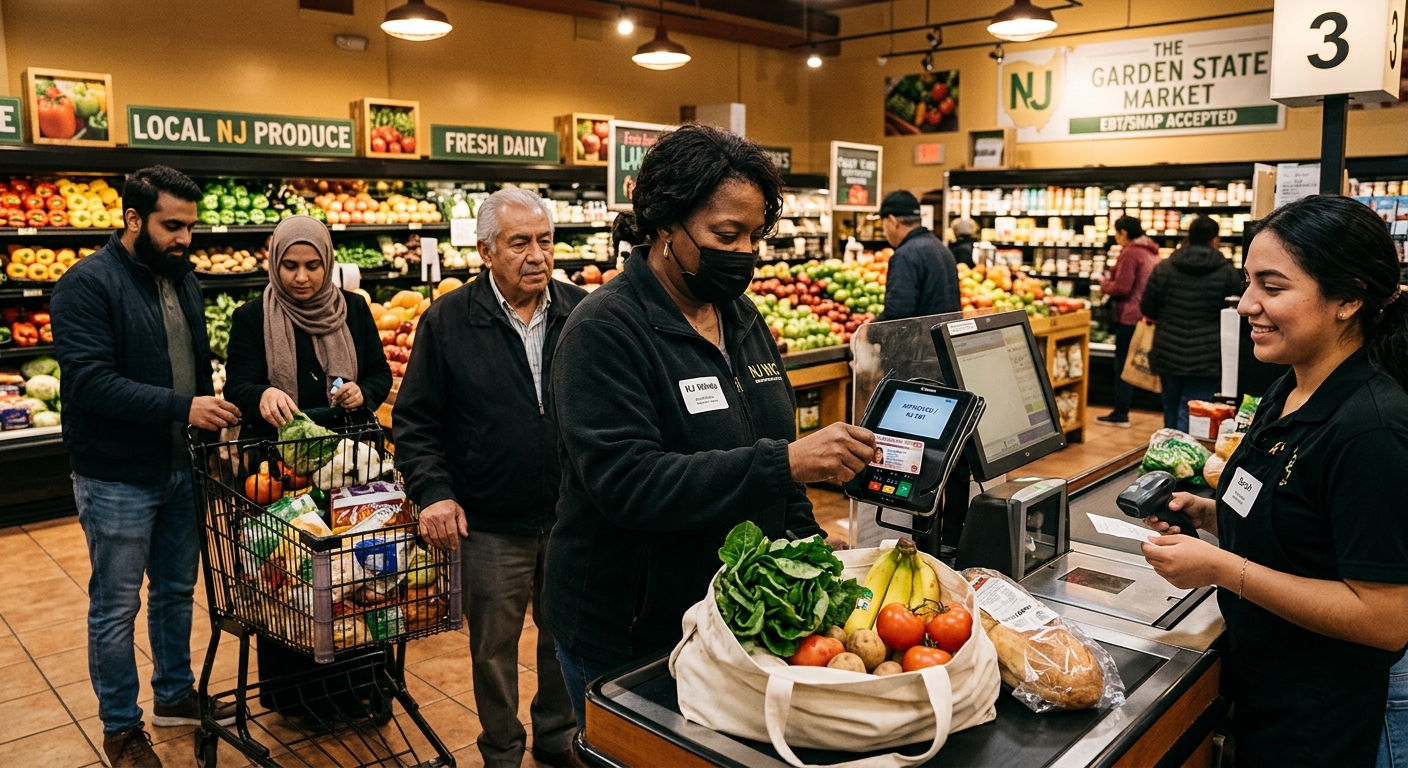 AI 생성 이미지 (models/gemini-3.1-flash-image-preview): A diverse group of people shopping for fresh produce in a local New Jersey grocery store, paying wit...