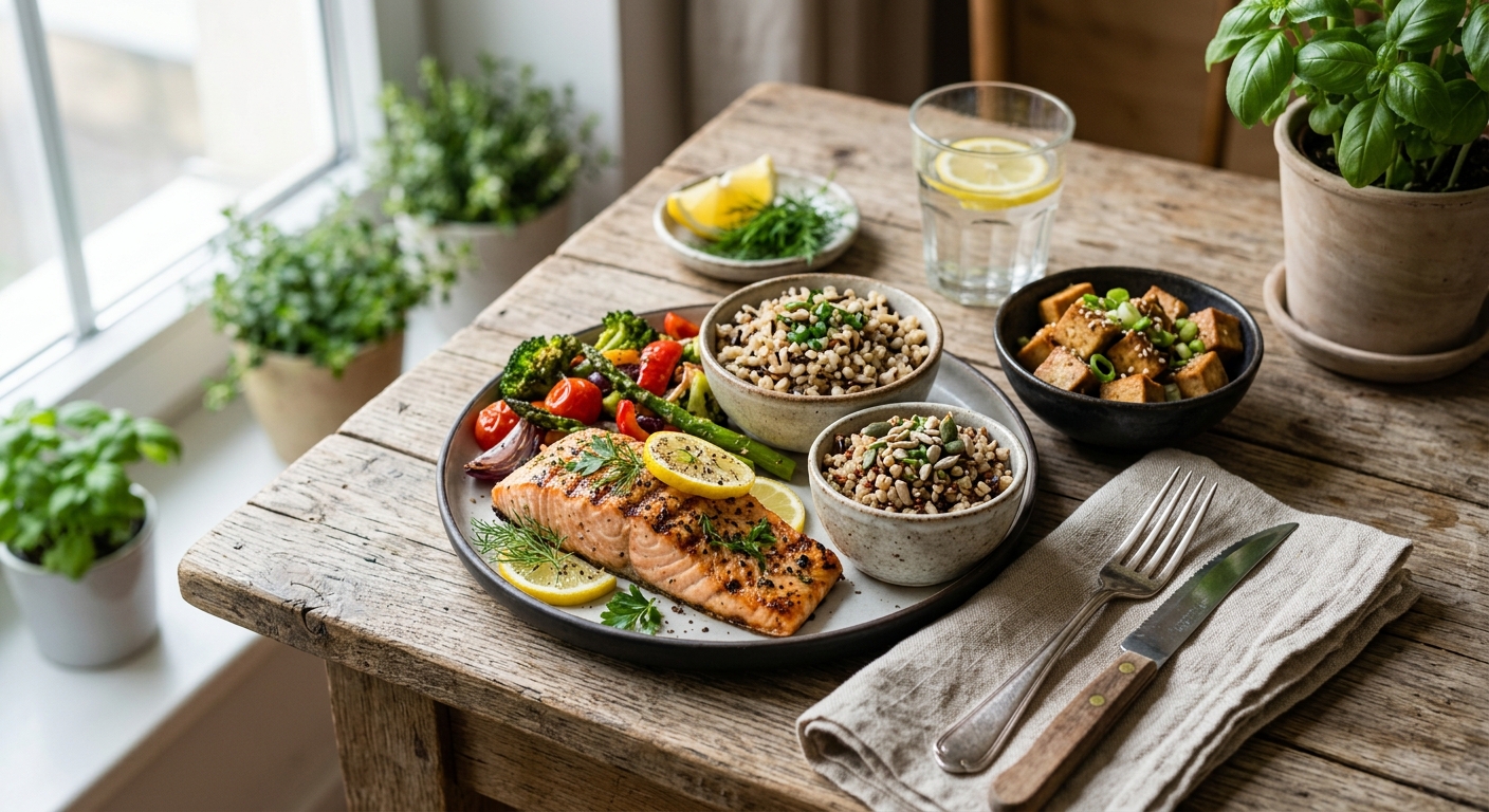 AI 생성 이미지 (models/gemini-3.1-flash-image-preview): A beautifully arranged healthy meal featuring grilled fish, fresh vegetables, tofu, and a small bowl...