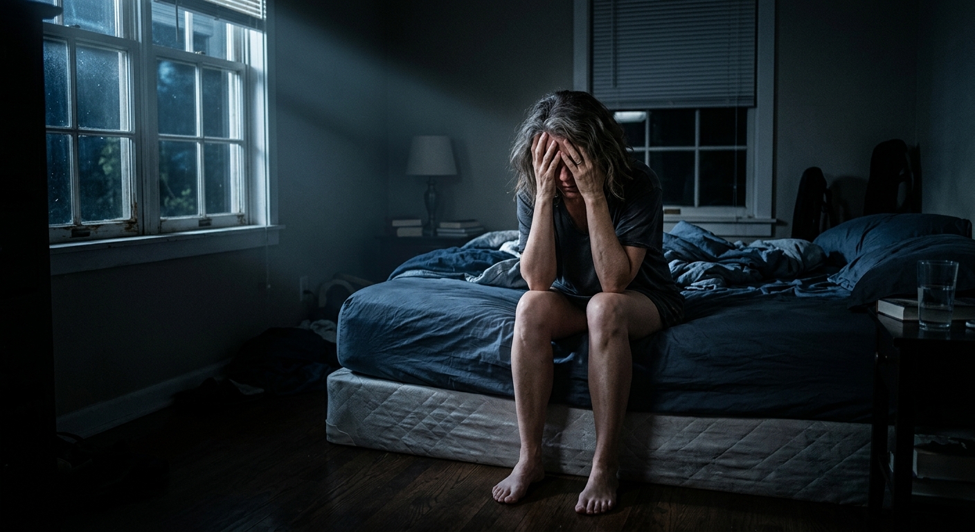 AI 생성 이미지 (models/gemini-3.1-flash-image-preview): A middle-aged person sitting on the edge of a bed in a dark room, looking exhausted and stressed, ho...