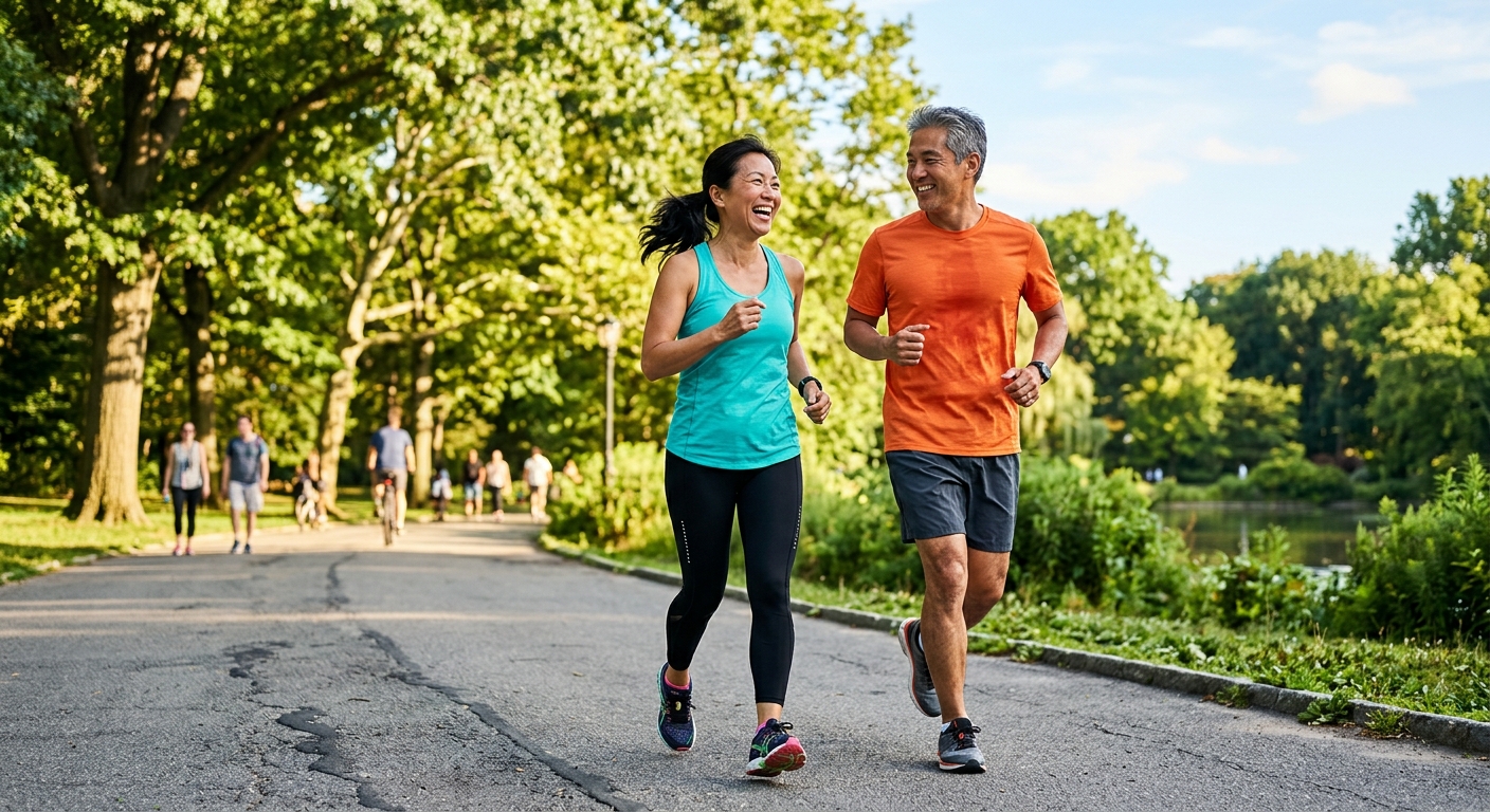 AI 생성 이미지 (models/gemini-3.1-flash-image-preview): A middle-aged Asian couple jogging happily in a sunny park, wearing athletic clothes, vibrant and en...