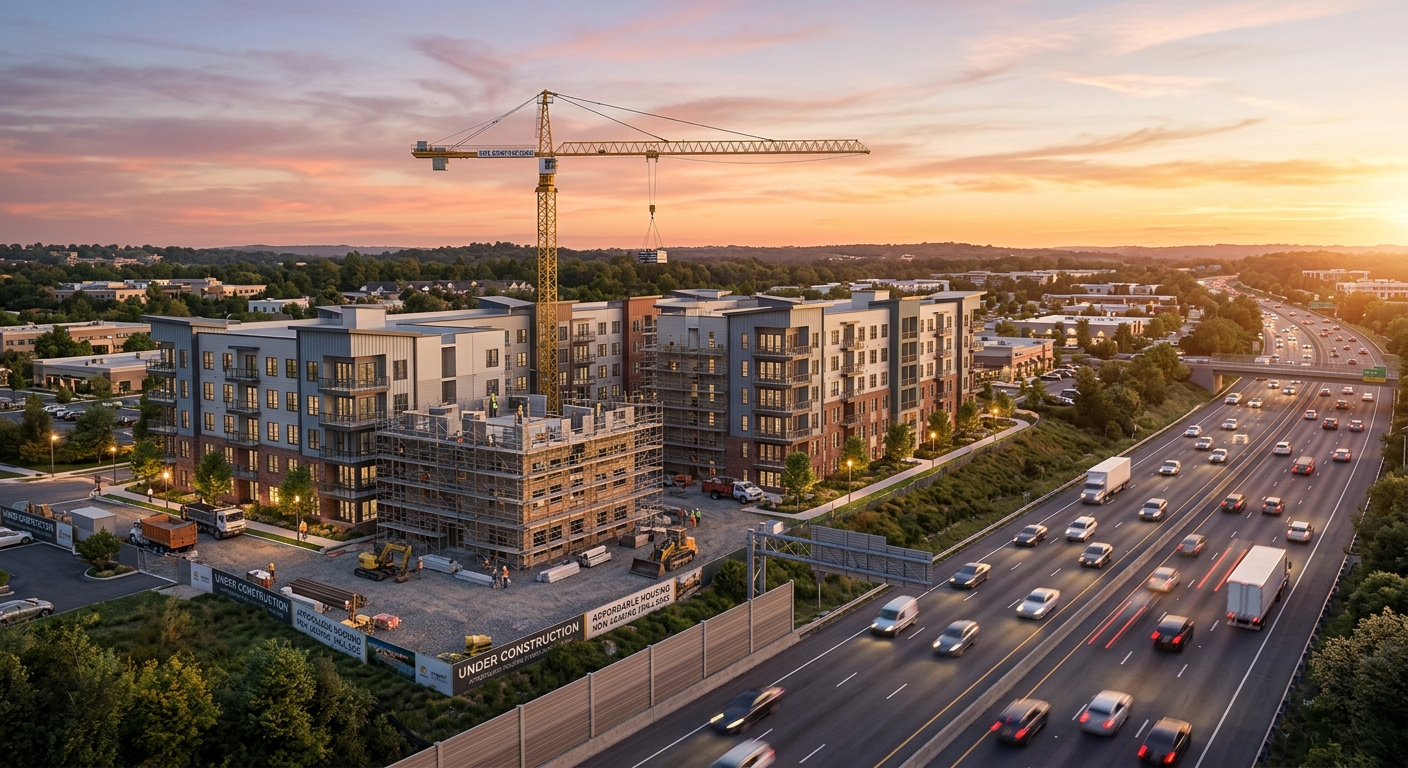 AI 생성 이미지 (models/gemini-3.1-flash-image-preview): A modern affordable housing apartment complex under construction near a busy highway in a suburban a...