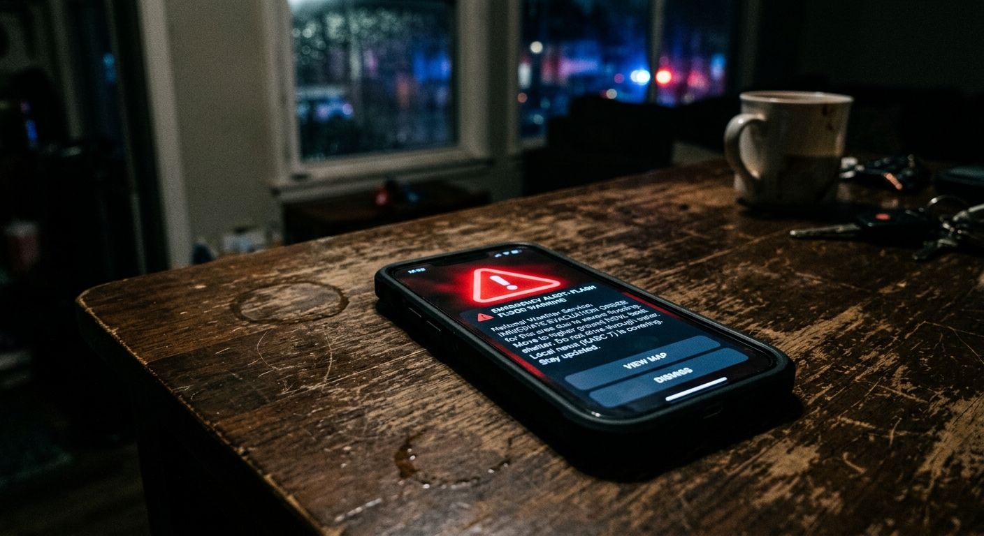 AI 생성 이미지 (models/gemini-3.1-flash-image-preview): A smartphone displaying an emergency alert message with a warning icon, resting on a wooden table, d...